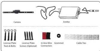 Camera Emitter License Plate Nuts & Bolts License Plate Screws (Optional) In-line-Wire Connectors Grommet Cable Ties