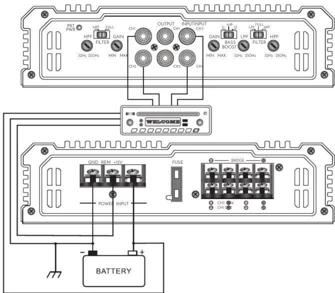 PRT PWR HPF FULL HPF FILTER GAIN 32Hz 250Hz MIN MAX CH1 CH2 OUTPUT CH1 CH2 INPUT CH3 6x8 1/2 LPF BASS BOOST LPF FILTER MIN MAX 32Hz 250Hz 32Hz 250Hz FULL HPF HPF WHLOOME GND REM +12V POWER INPUT FUSE BRIDGE CH1 CH4 CH1 CH5 BATTERY