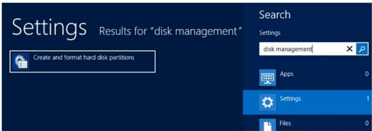 Settings Results for "disk management" Create and format hard disk partitions Search Settings disk management Apps 0 Settings 1 Files 0