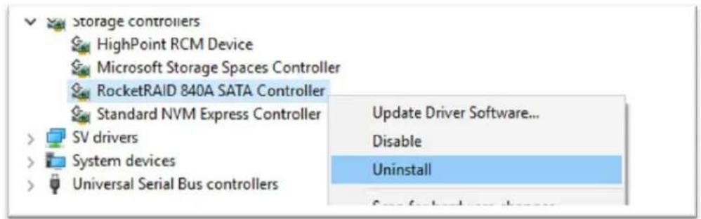 Storage controllers HighPoint RCM Device Microsoft Storage Spaces Controller RocketRAID 840A SATA Controller Standard NVM Express Controller SV drivers System devices Universal Serial Bus controllers Update Driver Software... Disable Uninstall