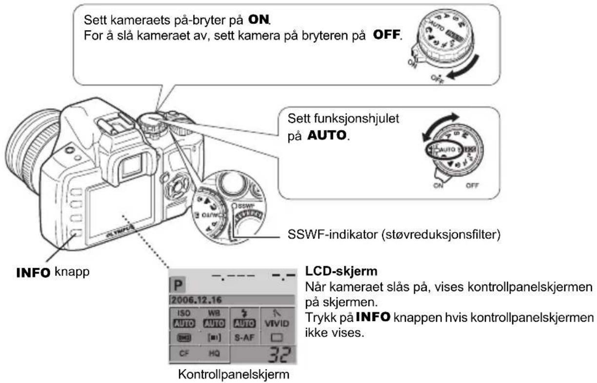 Sett kameraets på-bryter på ON. For å slå kameraet av, sett kamera på bryteren på OFF. Sett funksjonshjulet på AUTO. SSWF-indikator (støvreduksjonsfilter) INFO knapp LCD-skjerm Når kameraet slås på, vises kontrollpanelskjermen på skjermen. Trykk på INFO knappen hvis kontrollpanelskjermen ikke vises. 2006.12.16 ISO WB AUTO AUTO S-AF CF HQ 32 Kontrollpanelskjerm