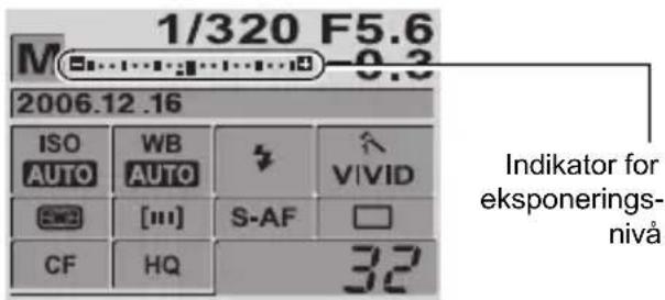 1/320 F5.6 M 5....:....:....:....: -0.3 2006.12.16 ISO WB VIVID AUTO AUTO [III] S-AF □ CF HQ 32 Indikator for eksponerings- nivå