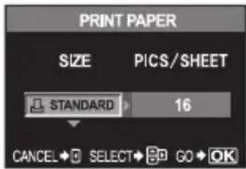 PRINT PAPER SIZE PICS/SHEET STANDARD 16 CANCEL SELECT GO OK