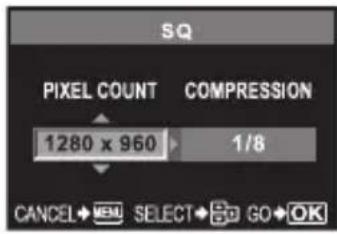 SQ PIXEL COUNT COMPRESSION 1280 x 960 1/8 CANCEL→VENU SELECT→GO→OK