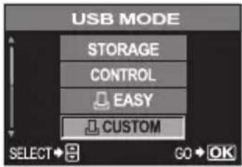 USB MODE STORAGE CONTROL EASY CUSTOM SELECT → 8 GO → OK