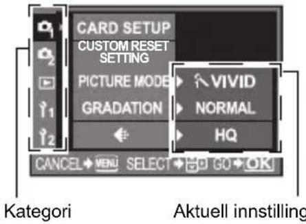 CARD SETUP CUSTOM RESET SETTING PICTURE MODE GRADATION VIVID NORMAL HQ CANCEL→VENU→SELECT→HOTG→OK Kategori Aktuell innstilling