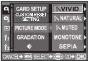 CARD SETUP CUSTOM RESET SETTING PICTURE MODE GRADATION VIVID NATURAL MUTED MONOTONE SEPIA CANCEL → SELECT → GO → OK