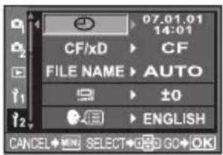 07.01.01 14:01 CF/xD CF FILE NAME AUTO ±0 ENGLISH CANCEL → MIN → SELECT → GID → GO → OK