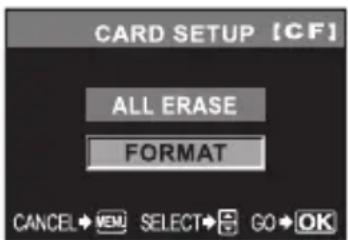 CARD SETUP [CF] ALL ERASE FORMAT CANCEL→VENU SELECT→S GO→OK