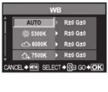 WB AUTO R±0 G±0 5300K R±0 G±0 6000K R±0 G±0 7500K R±0 G±0 CANCEL→MEM SELECT→GO+OK
