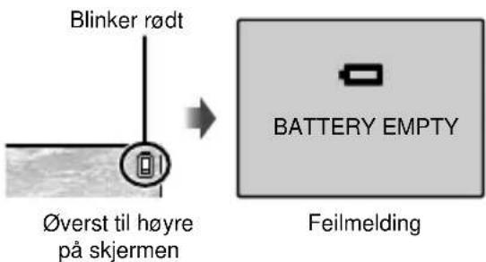 Blinker rødt Øverst til høyre på skjermen BATTERY EMPTY Feilmelding