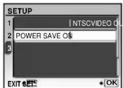 SETUP 1 NTSCVIDEO ON 2 POWER SAVE ON 3 EXIT SET# OK