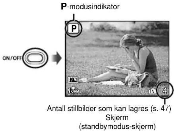 P-modusindikator ON/OFF P 10 M NORM IN 4 Antall stillbilder som kan lagres (s. 47) Skjerm (standbymodus-skjerm)