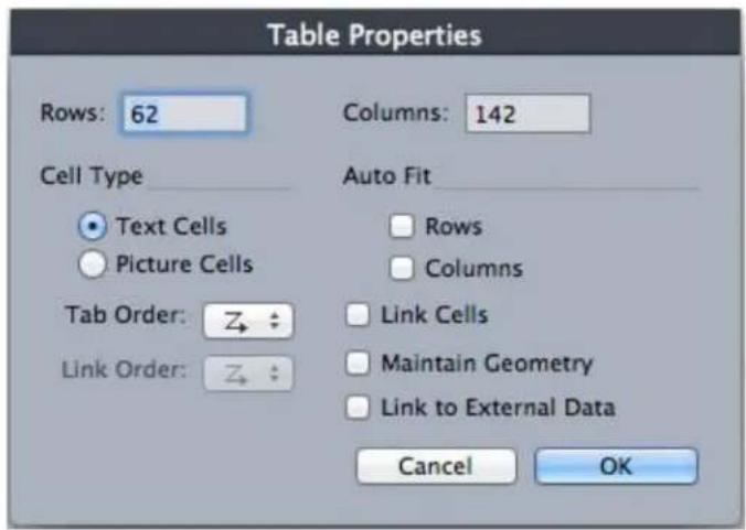 Table Properties Rows: 62 Columns: 142 Cell Type Text Cells Picture Cells Tab Order: Z Link Order: Z Auto Fit Rows Columns Link Cells Maintain Geometry Link to External Data Cancel OK