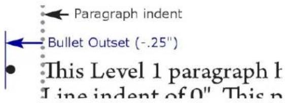 Paragraph indent Bullet Outset (-.25") • This Level 1 paragraph 1 Line indent of 0". This n