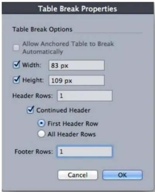 Table Break Properties Table Break Options Allow Anchored Table to Break Automatically Width: 83 px Height: 109 px Header Rows: 1 Continued Header First Header Row All Header Rows Footer Rows: 1 Cancel OK