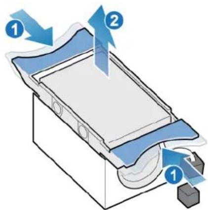 Diagram showing a device with labeled parts and directional arrows indicating flow or movement, marked with numbers 1 and 2.