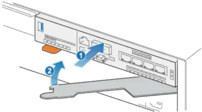 Diagram showing two labeled arrows pointing to a server rack with ports and indicators, indicating data transfer or system states.