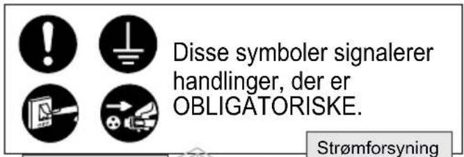 Disse symboler signalerer handlinger, der er OBLIGATORISKE. Strømforsyning