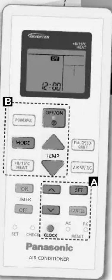 INVERTER +8/15°C HEAT OFF 12:00 B POWERFUL MODE +8/15°C HEAT OFF/ON TEMP FAN SPEED, QUIET AIR SWING ON TIMER OFF SET ✓ CANCEL AC RC SET CHECK CLOCK RESET Panasonic AIR CONDITIONER