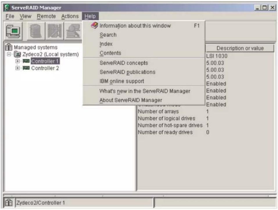 ServeRAID Manager File View Remote Actions Help Managed systems Zydeco2 (Local system) Controller 1 Controller 2 Information about this window F1 Search Index Contents ServeRAID concepts ServeRAID publications IBM online support What's new in the ServeRAID Manager About ServeRAID Manager Number of arrays 1 Number of logical drives 1 Number of hot-spare drives 1 Number of ready drives 0 Description or value LSI 1030 5.00.03 5.00.03 5.00.03 Enabled Enabled Enabled Enabled Number of arrays 1 Number of logical drives 1 Number of hot-spare drives 1 Number of ready drives 0 Zydeco2/Controller 1