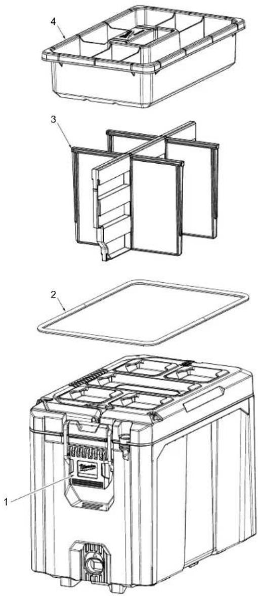 Technical diagram of a multi-case device with labeled parts, showing exploded and assembled views.