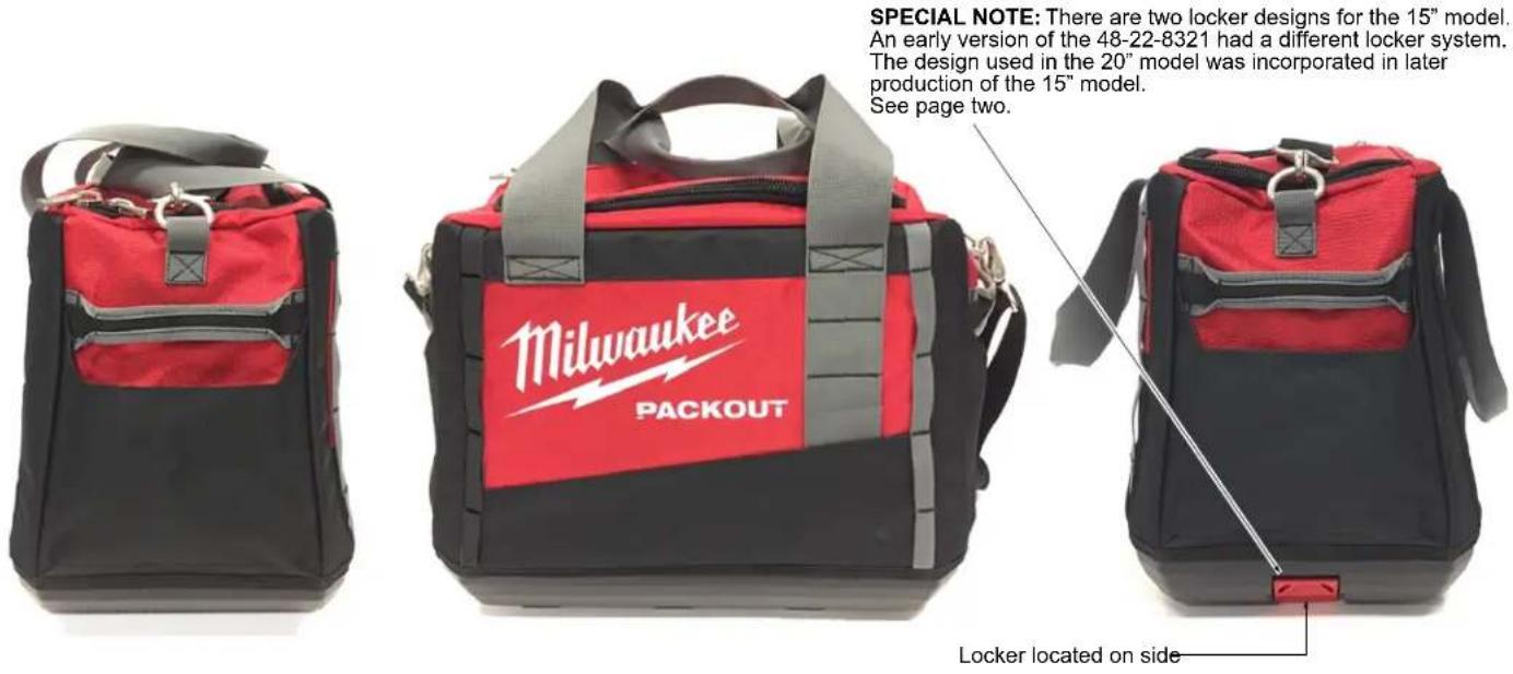 SPECIAL NOTE: There are two locker designs for the 15" model. An early version of the 48-22-8321 had a different locker system. The design used in the 20" model was incorporated in later production of the 15" model. See page two. Milwaukee PACKOUT Locker located on side