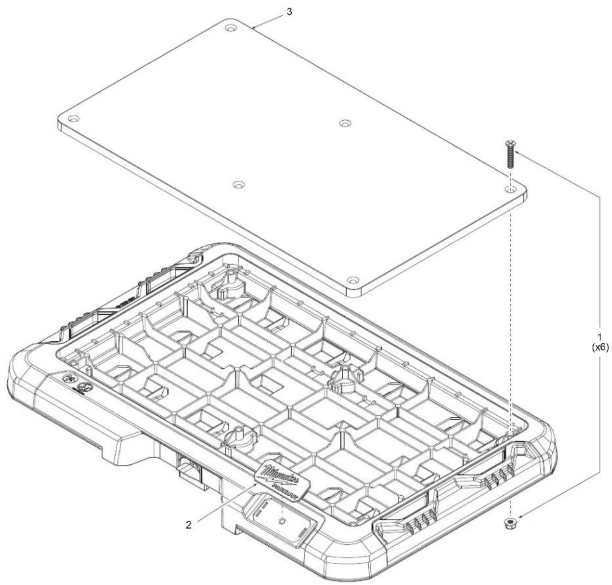 Technical diagram of a device casing with labeled components and assembly line