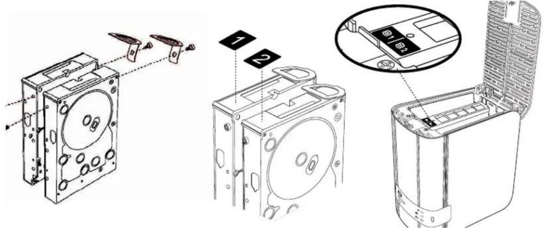 Technical diagram showing exploded view of a computer tower with labeled components and assembly steps