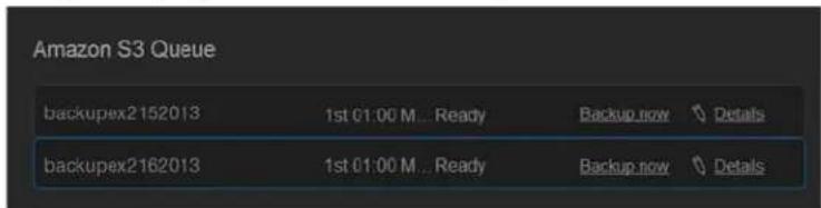 Amazon S3 Queue backupex2152013 1st 01:00 M... Ready Backup now Details backupex2162013 1st 01:00 M... Ready Backup now Details