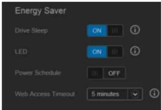 Energy Saver Drive Sleep ON LED ON Power Schedule OFF Web Access Timeout 5 minutes