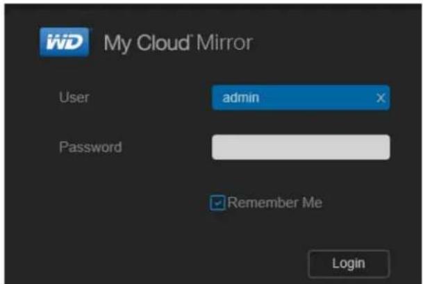 WiD My Cloud Mirror User admin Password Remember Me Login