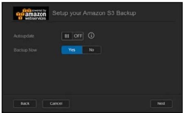 Setup your Amazon S3 Backup Autocupdate III OFF Backup Now Yes No Back Cancel Next