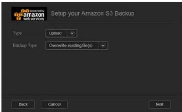 Powered by amazon web services Setup your Amazon S3 Backup Type Upload Backup Type Overwrite existing file(s) Back Cancel Next