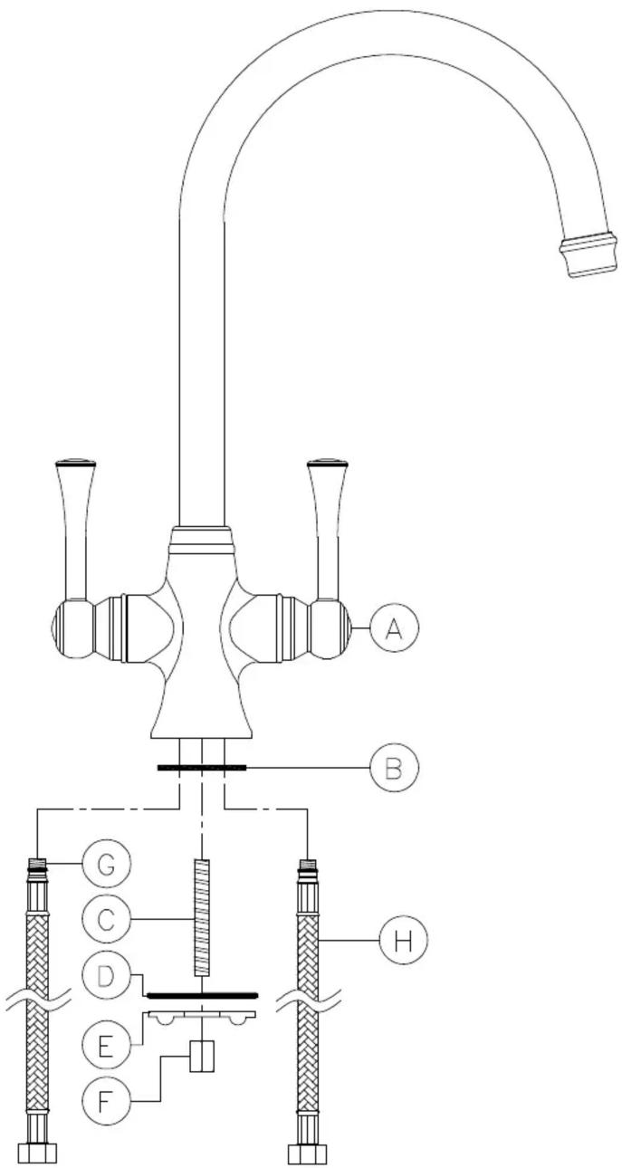 Technical diagram of a laboratory apparatus with labeled components A through H, including a curved pipe and tubing.