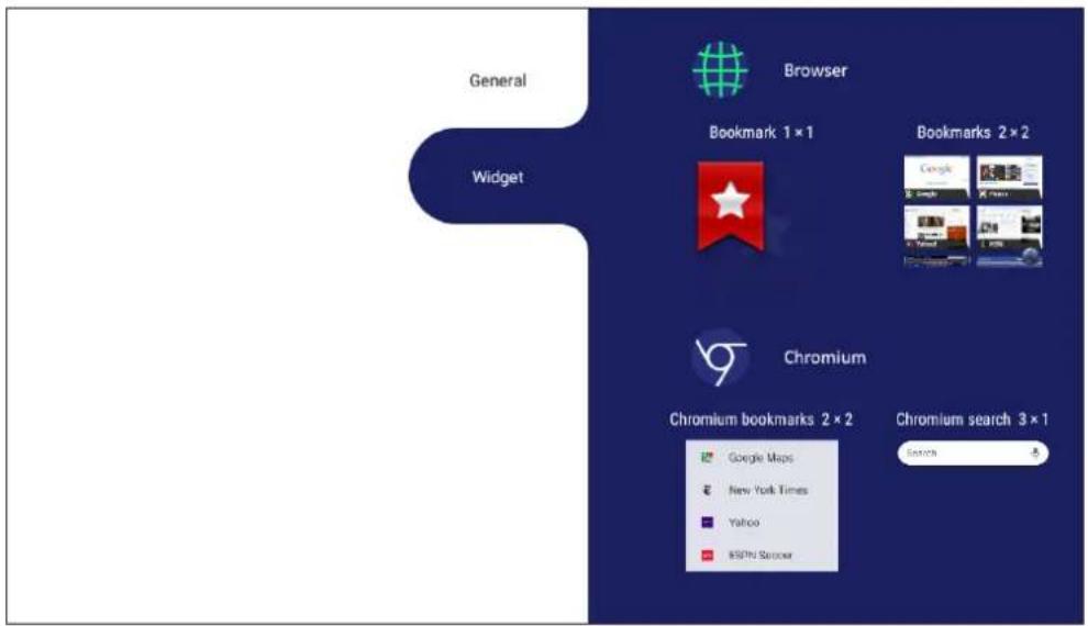 General Widget Browser Bookmark 1 × 1 Bookmarks 2 × 2 Chromium Chromium bookmarks 2 × 2 Chromium search 3 × 1 Google Maps New York Times Yahoo ESPHS Searcher