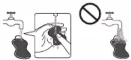Safety warning illustration showing hand washing a bottle and no prohibition symbol