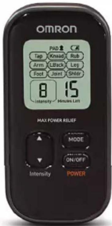 OMRON PAD Tap Knaad Rub Arm LBack Leg Foot Joint Shldr 8 15 Intensity Minutes Left MAX POWER REJEF MODE ON/OFF POWER Intensity POWER