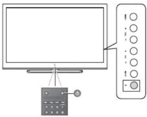 Diagram showing a monitor connected to a remote control panel with labeled buttons and a power button indicator.