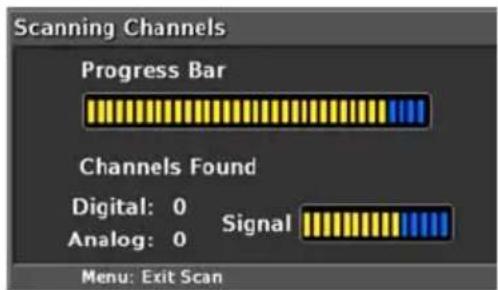 Scanning Channels Progress Bar Channels Found Digital: 0 Signal Analog: 0 Menu: Exit Scan