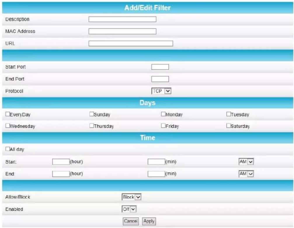 Add/Edit Filter Description MAC Address URL Start Port End Port Protocol TCP Days EveryDay Sunday Monday Tuesday Wednesday Thursday Friday Saturday Time All day Start: (hour) (min) AM End: (hour) (min) AM Allow/Block Block Enabled Off Cancel Apply