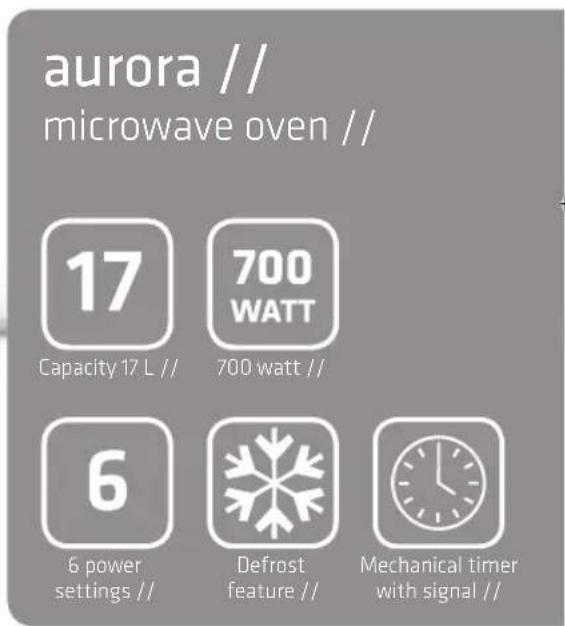 aurora // microwave oven // 17 700 WATT Capacity 17 L // 700 watt // 6 6 power settings // Defrost feature // Mechanical timer with signal //