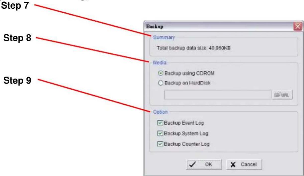 Step 7 Step 8 Step 9 Backup Summary Total backup data size: 40,960KB Media Backup using CDROM Backup on HardDisk Option Backup Event Log Backup System Log Backup Counter Log ✓ OK ✗ Cancel