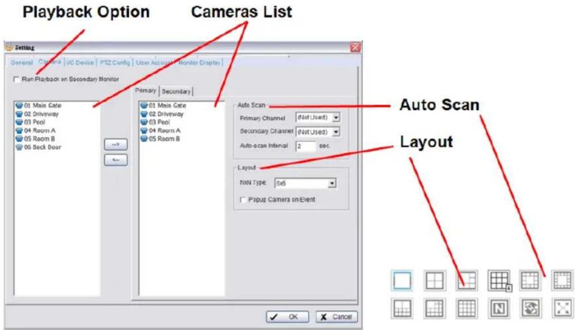 Playback Option Cameras List Setting General Camera i0 Device PTZ Config User Account Monitor Display Run Playback on Secondary Monitor Primary Secondary 01 Main Gate 02 Driveway 03 Pool 04 Room A 05 Room B 06 Beck Door 01 Main Gate 02 Driveway 03 Pool 04 Room A 05 Room B Auto Scan Primary Channel (Not Used) Secondary Channel (Not Used) Auto-scan Interval 2 sec. Layout Non Type: 5x5 Popup Camera on Event OK Cancel
