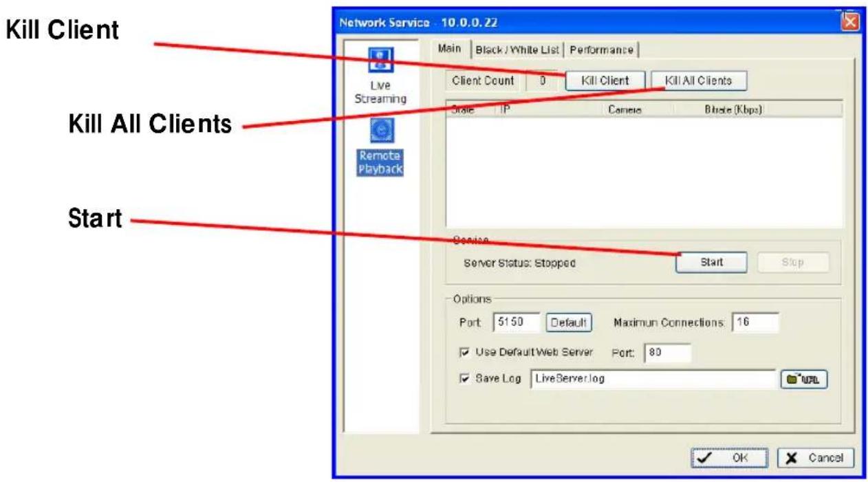 Kill Client Kill All Clients Start Network Service 10.0.0.22 Main Black / White List Performance Live Streaming Remote Playback Client Count 0 Kill Client Kill All Clients State IP Camera Blade (Kbps) Server Status: Stopped Start Stop Options Port: 5150 Default Maximum Connections: 16 ✓ Use Default Web Server Port: 80 ✓ Save Log LiveServer.log URL ✓ OK Cancel