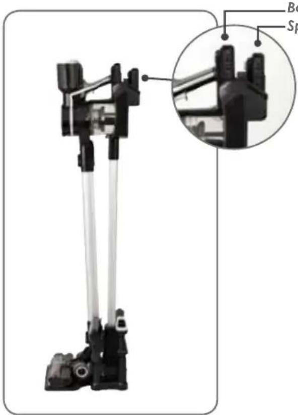 Technical diagram of a mechanical device with labeled components and an inset close-up view showing internal structure details.