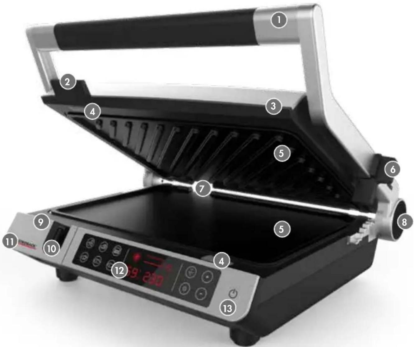 Labeled diagram of a digital kitchen grater with numbered parts for identification