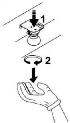 Diagram illustrating two steps of a mechanical or electrical device operation, labeled 1 and 2, with arrows indicating direction of motion.