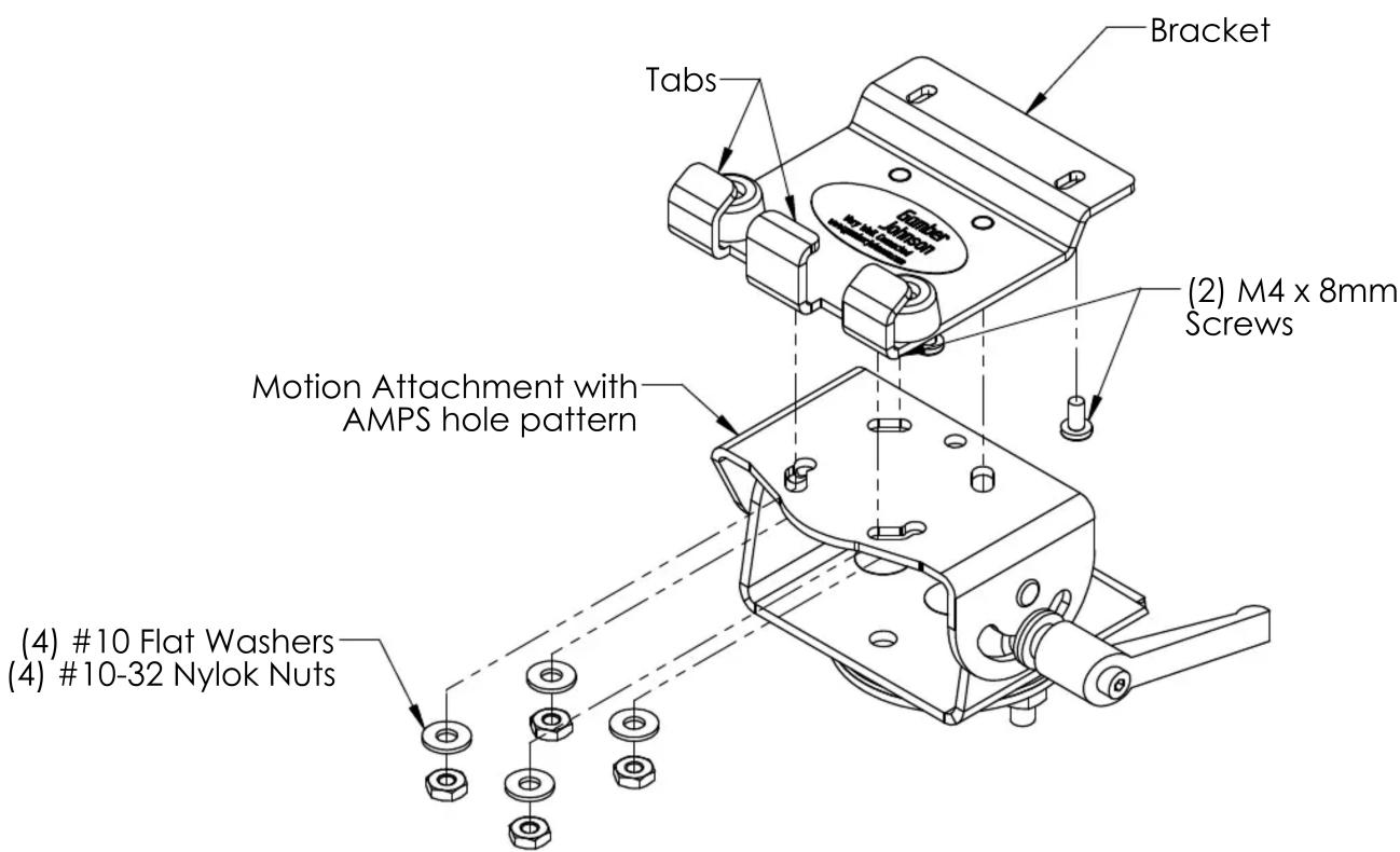 Bracket Tabs (2) M4 x 8mm Screws Motion Attachment with AMPS hole pattern (4) #10 Flat Washers (4) #10-32 Nylok Nuts