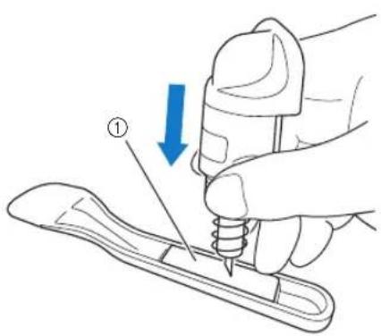 Diagram showing a hand using a tool to apply a blue arrow labeled '①' to a mechanical component, with a blue arrow indicating direction.